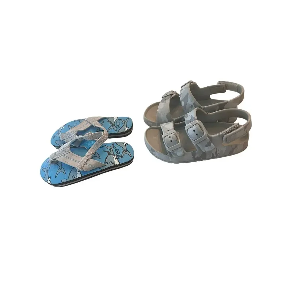 Cat & Jack 7/8 / Norty 7 Boy's Blue Gray Playground School Sandal Bundle
